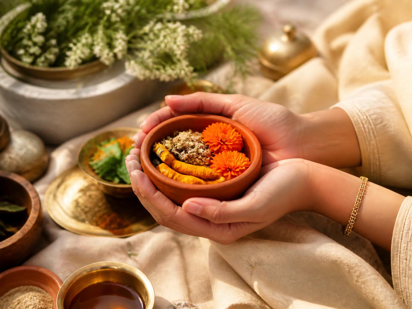 Ayurvedic herbs and marigold in traditional clay bowl
