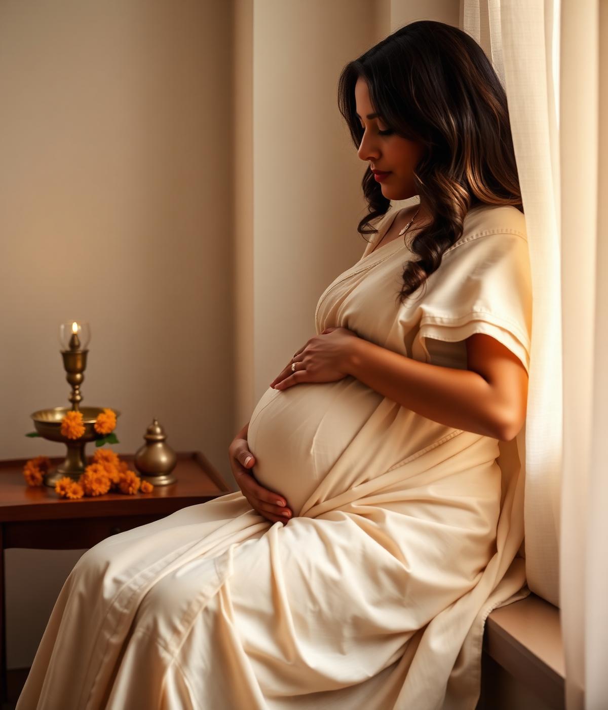 Expecting mother in a serene ayurvedic setting